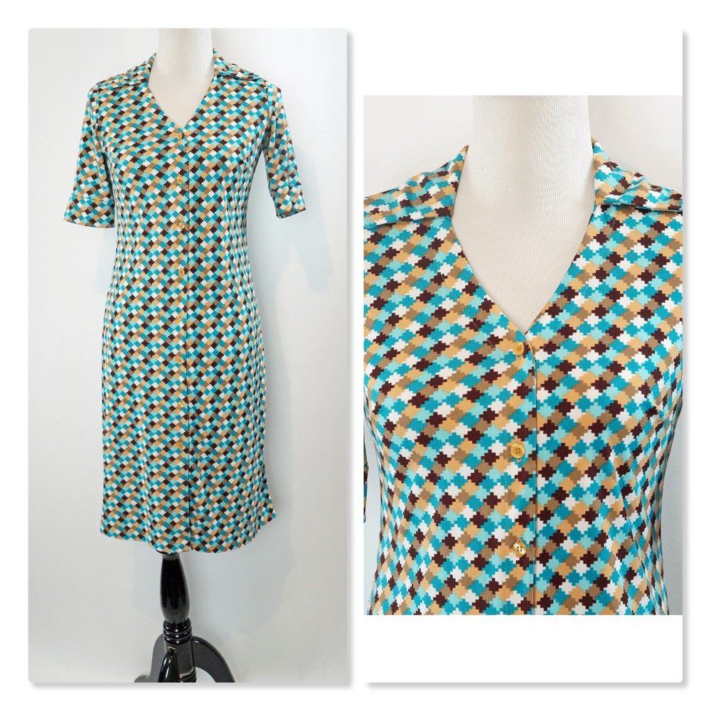 Geometric Print Dress 70s Collar